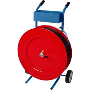 Abrollwagen, für Kunststoffband-Umreifungssystem, für PP-Bänder mit B 13/16 mm & Kern-Ø 406 mm, Ablagekasten, Bügelbremse, Stahlblech, rot-blau Abrollwagen, für Kunststoffband-Umreifungssystem, für PP-Bänder mit B 13/16 mm & Kern-Ø 406 mm, Ablagekasten, Bügelbremse, Stahlblech, rot-blau