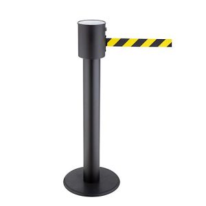 Absperrpfosten RS-Guidesystems® GLA 200, schwarz, Gurtband gelb-schwarz & ausziehbar bis 20 m, Ø 350 x H 1000 mm, Metall lackiert & Kunststoff
