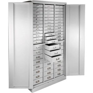 ADB Schubladenschrank, 60 Schubladen, Zylinderschloss, 2-Punkt-Verriegelung, B 800 x T 410 x H 1790 mm, lichtgrau RAL 7035