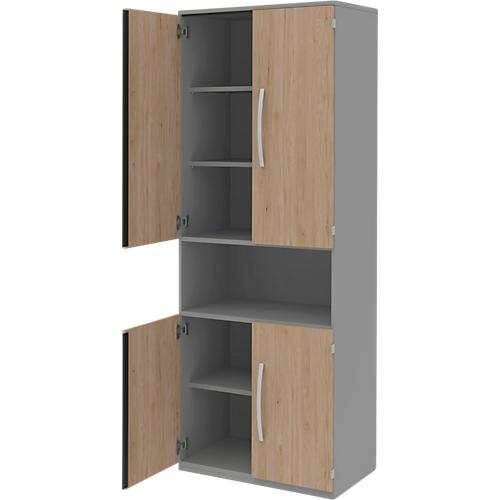 Aktenschrank BARI, 6 OH, 3 Böden, 1 offenes Fach, B 819 x T 430 x H 2174 mm, Eiche-Dekor/mittelgrau