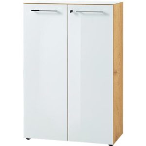 Aktenschrank MONTERIA, Front & Abdeckplatte aus Glas, abschließbar, 3 OH, B 800 x T 370 x H 1200 mm, Navarra Eiche/weiß Aktenschrank MONTERIA, Front & Abdeckplatte aus Glas, abschließbar, 3 OH, B 800 x T 370 x H 1200 mm, Navarra Eiche/weiß