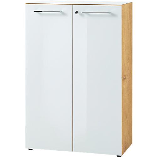 Aktenschrank MONTERIA, Front & Abdeckplatte aus Glas, abschließbar, 3 OH, B 800 x T 370 x H 1200 mm, Navarra Eiche/weiß