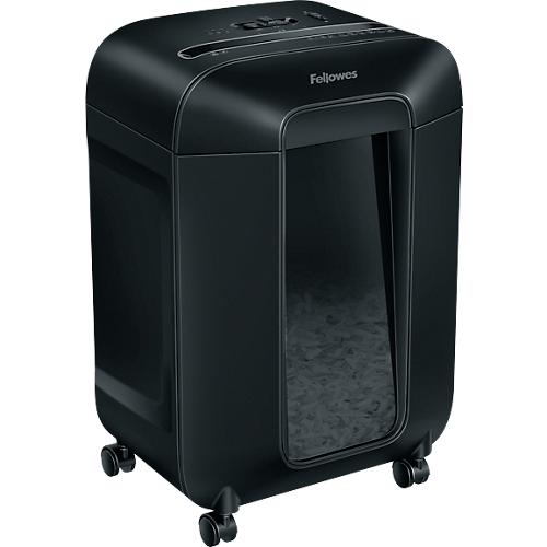 Aktenvernichter Fellowes® Powershred LX 85, Partikelschnitt 4 x 40 mm, P-4, 19 l, 12 Blatt Schnittleistung, mit Rollen, schwarz