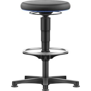 Allround Hocker Bimos, sitzhöhenverstellbar 560-810 mm, mit Gleiter & Fußring, PU-Schaumbezug, abwaschbar, extrem robust, Farbring blau