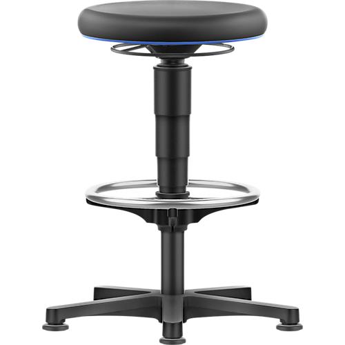 Allround Hocker Bimos, sitzhöhenverstellbar 560-810 mm, mit Gleiter & Fußring, PU-Schaumbezug, abwaschbar, extrem robust, Farbring blau