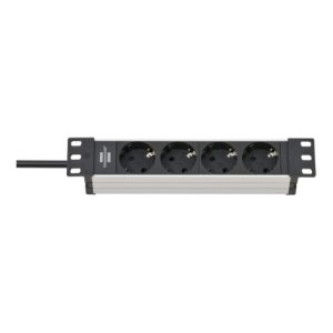 Alu-Line 10″ Steckdosenleiste für Schaltschränke 4-fach 2m H05VV-F3G1,5 silber/schwarz