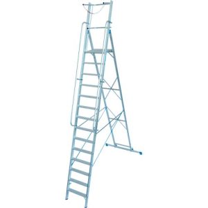 Alu-Stufen-Stehleiter, mit großer Standplattform, mit Sicherheitsbügel und Kette, 14 Stufen Alu-Stufen-Stehleiter, mit großer Standplattform, mit Sicherheitsbügel und Kette, 14 Stufen