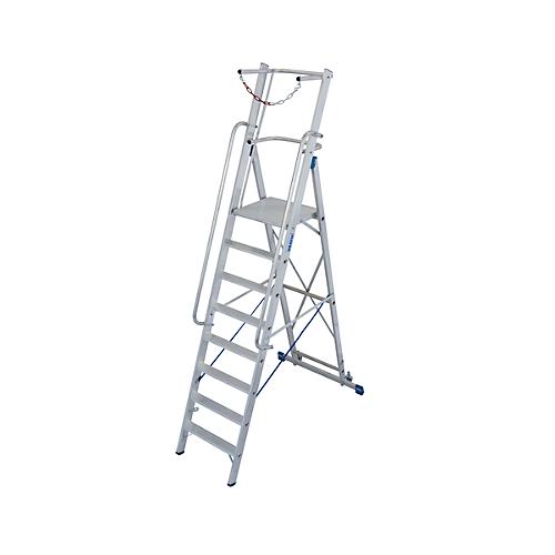 Alu-Stufen-Stehleiter, mit großer Standplattform, mit Sicherheitsbügel und Kette, 8 Stufen