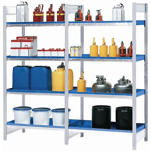 Anbauregal RWW 1044 für Gefahrstoffregal asecos RWW 1044, B 1010 x T 440 x H 2000 mm, mit 4 20 l Wannenböden aus lackiertem Stahl