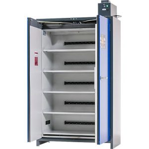 Asecos Akku-Ladeschrank ION-PRO-90 PC, 5 Fachböden gelocht + Steckdosen, 1 Auffangwanne, B 1193 x T 615 x H 2224 mm Asecos Akku-Ladeschrank ION-PRO-90 PC, 5 Fachböden gelocht + Steckdosen, 1 Auffangwanne, B 1193 x T 615 x H 2224 mm