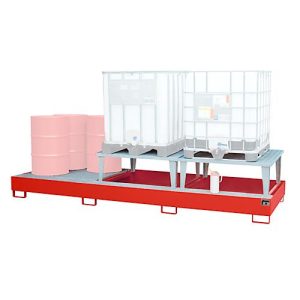 Auffangwanne Bauer AWA 32, Stahl, rot, L 3850 x B 1460 x H 780 mm, 1000 l, für 3 x 1000 l IBC, 2 Abfüllaufsätze, 1 Gitterost Auffangwanne Bauer AWA 32, Stahl, rot, L 3850 x B 1460 x H 780 mm, 1000 l, für 3 x 1000 l IBC, 2 Abfüllaufsätze, 1 Gitterost