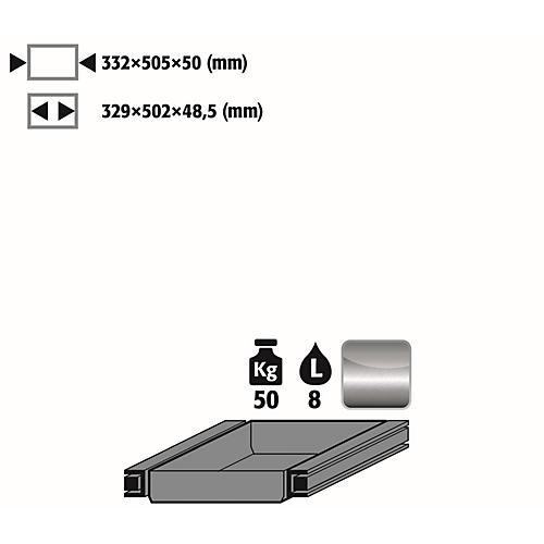 Auszugswanne Entsorgung für asecos Sicherheitsschränke der Q30, Q90, S90 und K90 Serie, Edelstahl 1.4301, B 332 x T 505 x H 50 mm, 7,5 l, bis 50 kg