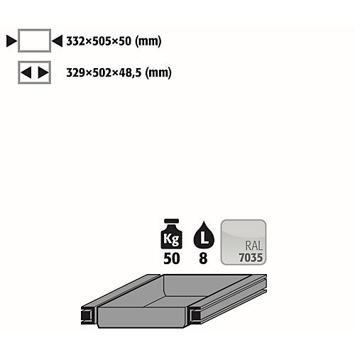 Auszugswanne Entsorgung für asecos Sicherheitsschränke der S90 Serie, Stahlblech, lichtgrau, B 332 x T 605 x H 50 mm, 10 l, bis 50 kg