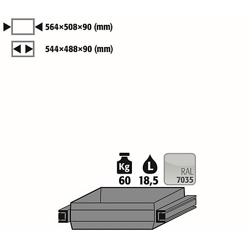 Auszugswanne Standard für asecos Sicherheitsschränke der Q30, Q90 und S90 Serie, Stahlblech, lichtgrau, B 564 x T 508 x H 90 mm, 19 l, bis 60 kg