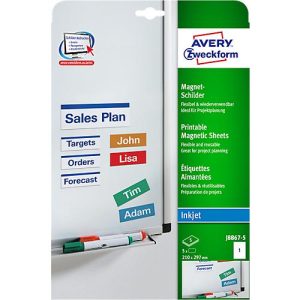 Avery Magnetschilder J8867-5, zum Beschriften, wiederverwendbar, Metall, matt weiß, 78 210 x 297 mm, 5 Stk.