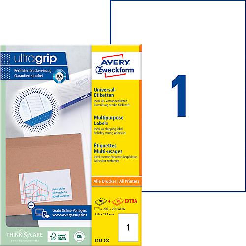 AVERY Zweckform 3478-200 Universal-Etiketten, ultragrip, 210 x 297 mm
