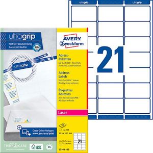 Avery Zweckform Adressetiketten L7160-100, mit ultragrip, geeignet für Laserdrucker, 63,5 x 38,1 mm, 2100 Stück/100 A4-Bogen, 100 % FSC®-Papier, weiß Avery Zweckform Adressetiketten L7160-100, mit ultragrip, geeignet für Laserdrucker, 63,5 x 38,1 mm, 2100 Stück/100 A4-Bogen, 100 % FSC®-Papier, weiß