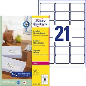 Avery Zweckform Adressetiketten LR7160-100, geeignet für Laserdrucker, 63,5 x 38,1 mm, 2100 Stück/100 A4-Bogen, Blauer Engel, Recyclingpapier, naturweiß Avery Zweckform Adressetiketten LR7160-100, geeignet für Laserdrucker, 63,5 x 38,1 mm, 2100 Stück/100 A4-Bogen, Blauer Engel, Recyclingpapier, naturweiß