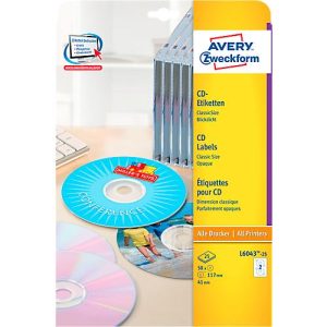Avery Zweckform CD-Etiketten L6043-25 ClassicSize, geeignet für Inkjet-& Laserdrucker, blickdicht, Ø 117 mm, 50 Stück/25 A4-Bogen, FSC®-Papier, weiß Avery Zweckform CD-Etiketten L6043-25 ClassicSize, geeignet für Inkjet-& Laserdrucker, blickdicht, Ø 117 mm, 50 Stück/25 A4-Bogen, FSC®-Papier, weiß
