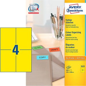 Avery Zweckform Etiketten 3459, 105 x 148 mm, 400 Stück, gelb Avery Zweckform Etiketten 3459, 105 x 148 mm, 400 Stück, gelb