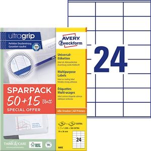 Avery Zweckform Etiketten 6602, universal, ultragrip, geeignet für Inkjet- & Laserdrucker, 70 x 36 mm, 1560 Stück/65 A4-Bogen, FSC®-Papier, weiß Avery Zweckform Etiketten 6602, universal, ultragrip, geeignet für Inkjet- & Laserdrucker, 70 x 36 mm, 1560 Stück/65 A4-Bogen, FSC®-Papier, weiß