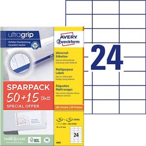 Avery Zweckform Etiketten 6605, universal, ultragrip, geeignet für Inkjet- & Laserdrucker, 70 x 37 mm, 1560 Stück/65 A4-Bogen, FSC®-Papier, weiß Avery Zweckform Etiketten 6605, universal, ultragrip, geeignet für Inkjet- & Laserdrucker, 70 x 37 mm, 1560 Stück/65 A4-Bogen, FSC®-Papier, weiß