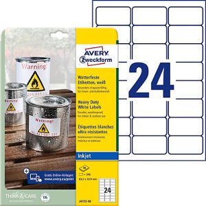 Avery® Zweckform Etiketten J4773, wetterfest, permanenthaftend, druckergeeignet, rechteckig, Polyester, matt weiß, 240 Stück auf 10 Blatt Avery® Zweckform Etiketten J4773, wetterfest, permanenthaftend, druckergeeignet, rechteckig, Polyester, matt weiß, 240 Stück auf 10 Blatt