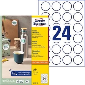 Avery® Zweckform Etiketten L3415-100, A4, universell, permanenthaftend, druckergeeignet, FSC®-Papier, rund, Ø 40 mm, weiß, 2400 Stück auf 100 Bogen Avery® Zweckform Etiketten L3415-100, A4, universell, permanenthaftend, druckergeeignet, FSC®-Papier, rund, Ø 40 mm, weiß, 2400 Stück auf 100 Bogen