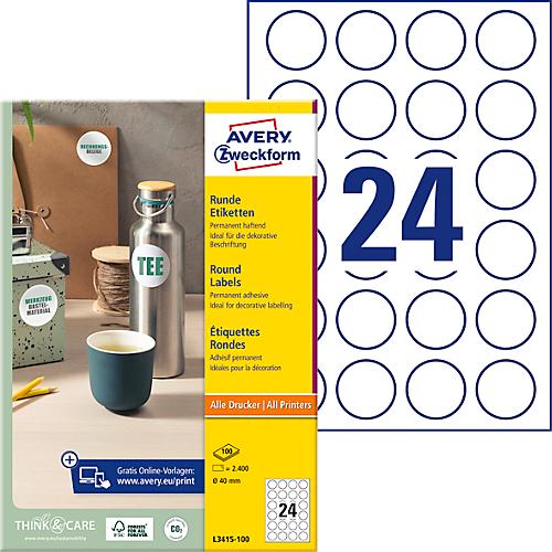 Avery® Zweckform Etiketten L3415-100, A4, universell, permanenthaftend, druckergeeignet, FSC®-Papier, rund, Ø 40 mm, weiß, 2400 Stück auf 100 Bogen
