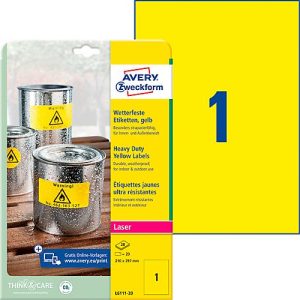 Avery Zweckform Etiketten L6111-20, wetterfest, extrem robust, geeignet für Laserdrucker, 210 x 297 mm, 20 Stück/20 A4-Bogen, Polyester-Folie, gelb Avery Zweckform Etiketten L6111-20, wetterfest, extrem robust, geeignet für Laserdrucker, 210 x 297 mm, 20 Stück/20 A4-Bogen, Polyester-Folie, gelb