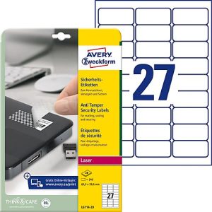 Avery Zweckform Etiketten L6114-20, fälschungssicher, extrem robust, 63,5 x 29,6 mm, 540 Stück/20 A4-Bogen, Folie, weiß Avery Zweckform Etiketten L6114-20, fälschungssicher, extrem robust, 63,5 x 29,6 mm, 540 Stück/20 A4-Bogen, Folie, weiß