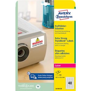 Avery Zweckform Etiketten L6140-20, extra stark haftend, geeignet für Laserdrucker, 45,7 x 25,4 mm, 800 Stück/20 A4-Bogen, Polyesterfolie, weiß Avery Zweckform Etiketten L6140-20, extra stark haftend, geeignet für Laserdrucker, 45,7 x 25,4 mm, 800 Stück/20 A4-Bogen, Polyesterfolie, weiß