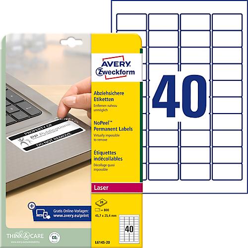 Avery Zweckform Etiketten L6145-20, fälschungssicher, extrem robust, geeignet für SW-Laserdrucker, 45,7 x 25,4 mm, 800 Stück/20 A4-Bogen, Acrylfolie, weiß