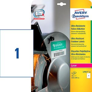 Avery Zweckform Etiketten L7917-10, ultraresistent, geeignet für Laserdrucker, 210 x 297 mm, 10 Stück/10 A4-Bogen, Polyethylen-Folie, weiß Avery Zweckform Etiketten L7917-10, ultraresistent, geeignet für Laserdrucker, 210 x 297 mm, 10 Stück/10 A4-Bogen, Polyethylen-Folie, weiß