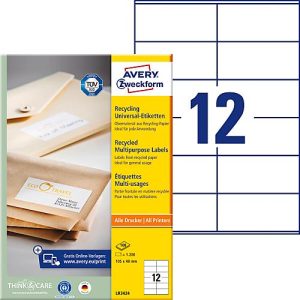 Avery® Zweckform Etiketten LR3424, A4, universell, permanenthaftend, druckergeeignet, Recycling-Papier, rechteckig, naturweiß, 1200 Stück auf 100 Bogen Avery® Zweckform Etiketten LR3424, A4, universell, permanenthaftend, druckergeeignet, Recycling-Papier, rechteckig, naturweiß, 1200 Stück auf 100 Bogen