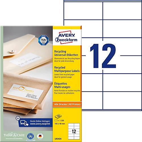 Avery® Zweckform Etiketten LR3424, A4, universell, permanenthaftend, druckergeeignet, Recycling-Papier, rechteckig, naturweiß, 1200 Stück auf 100 Bogen