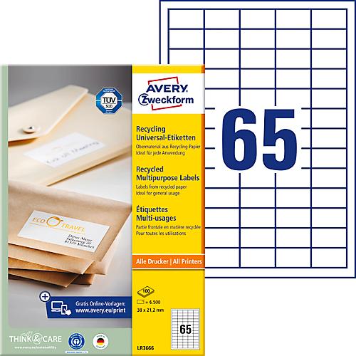 Avery® Zweckform Etiketten LR3666, A4, universell, permanenthaftend, druckergeeignet, Recycling-Papier, rechteckig, naturweiß, 6500 Stück auf 100 Bogen