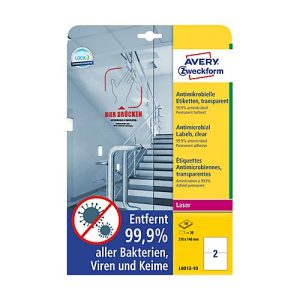 Avery Zweckform Etiketten Serie L8012-10, antimikrobiell, desinfektionsmittelbeständig, für Laserdrucker, 210 x 148 mm, 20 Stück/10 A4-Bogen, Folie, transparent Avery Zweckform Etiketten Serie L8012-10, antimikrobiell, desinfektionsmittelbeständig, für Laserdrucker, 210 x 148 mm, 20 Stück/10 A4-Bogen, Folie, transparent
