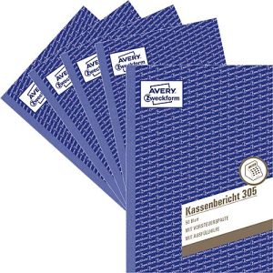Avery® Zweckform Kassenbericht 305-5, A5 Hochformat, mit Ausfüllhilfe, ohne Durchschläge, perforiert & gelocht, Papier, weiß, 5 Bücher mit 50 Blatt Avery® Zweckform Kassenbericht 305-5, A5 Hochformat, mit Ausfüllhilfe, ohne Durchschläge, perforiert & gelocht, Papier, weiß, 5 Bücher mit 50 Blatt