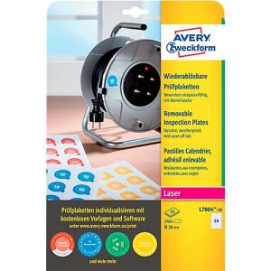 Avery Zweckform Prüfplakette L7804-10, wiederablösbar, extrem robust, geeignet für Laserdrucker, Ø 30 mm, 240 Stück/10 A4-Bogen, Folie, weiß Avery Zweckform Prüfplakette L7804-10, wiederablösbar, extrem robust, geeignet für Laserdrucker, Ø 30 mm, 240 Stück/10 A4-Bogen, Folie, weiß