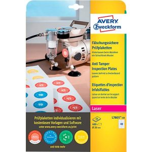 Avery Zweckform Prüfplakette L7805-10, fälschungssicher, extrem robust, geeignet für Laserdrucker, Ø 20 mm, 480 Stück/10 A4-Bogen, Folie, weiß Avery Zweckform Prüfplakette L7805-10, fälschungssicher, extrem robust, geeignet für Laserdrucker, Ø 20 mm, 480 Stück/10 A4-Bogen, Folie, weiß
