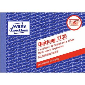 Avery Zweckform Quittungsblock 1735-5, A6 quer, 2 x 40 Blatt, 4er Pack + 1 gratis Avery Zweckform Quittungsblock 1735-5, A6 quer, 2 x 40 Blatt, 4er Pack + 1 gratis