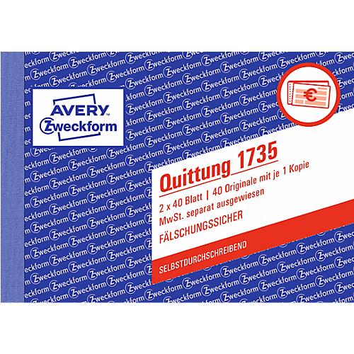 Avery Zweckform Quittungsblock 1735-5, A6 quer, 2 x 40 Blatt, 4er Pack + 1 gratis