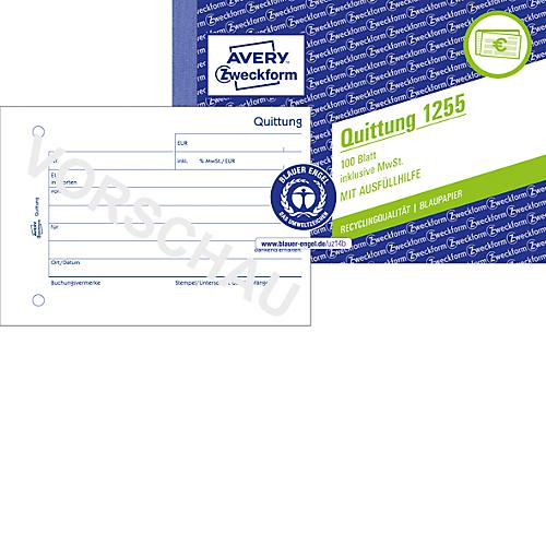Avery® Zweckform Quittungsbuch 1255, Querformat A6, inkl. Mehrwertsteuer, mit 1 Blatt Blaupapier, perforiert & gelocht, Blauer Engel, weiß, 100 Blatt