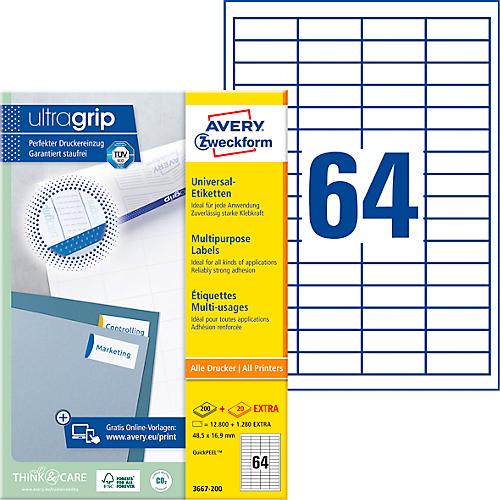 AVERY Zweckform Universal-Etiketten 3667-200, ultragrip, 48,5 x 16,9 mm, 3667-200, 12800 + 1280 Stück