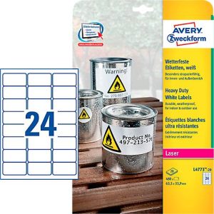 Avery Zweckform Wetterfeste Folien-Etiketten L4773-20, 63,5 x 33,9 mm, permanent, weiß Avery Zweckform Wetterfeste Folien-Etiketten L4773-20, 63,5 x 33,9 mm, permanent, weiß