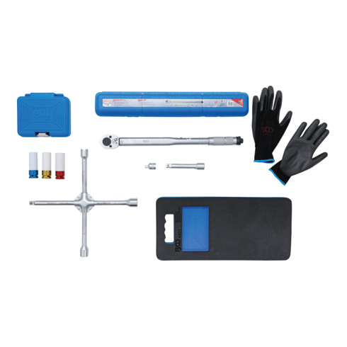 BGS Radwechsel Spar-Set 9-tlg. mit Drehmomentschlüssel + Felgen-Schon-Einsätze + Knieschoner + Kreuzschlüssel + Handschuhe
