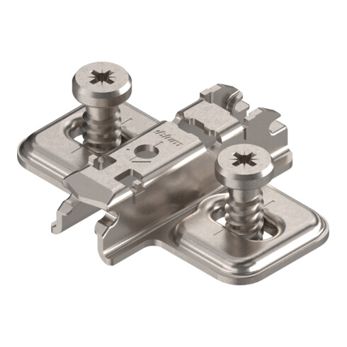Blum CLIP Montageplatte, kreuz, 3 mm, Stahl, mit vormontierten Systemschrauben, HV: Langloch, vernickelt
