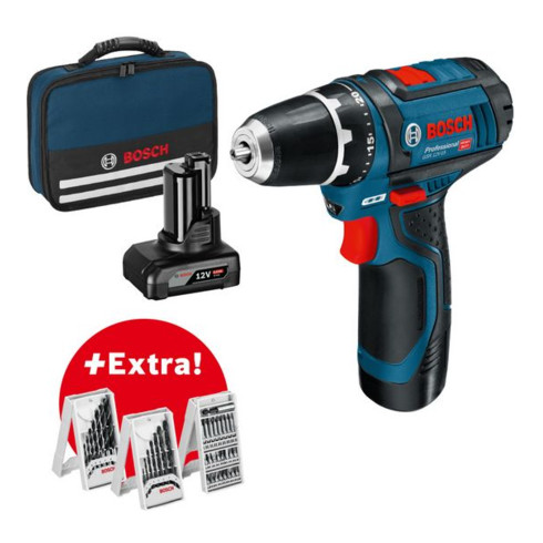 Bosch Akku-Bohrschrauber GSR 12V-15 mit 1 x 2,0 Ah 1 x 4,0 Ah Zubehör-Set in Tasche