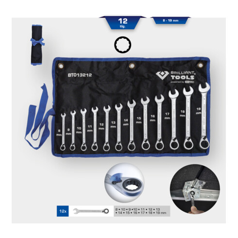 Brilliant Tools Ratschenringschlüssel-Satz, 12-tlg, umschaltbar, 8 - 19 mm